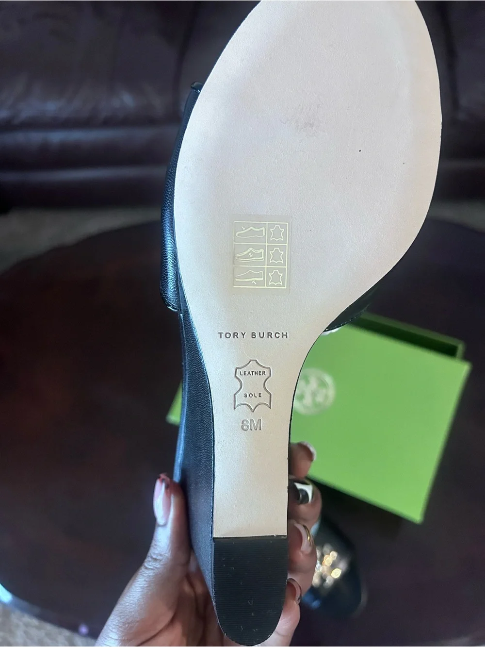 Tory Burch Everly Black Leather Wedge Slide Sandals with Gold Logo